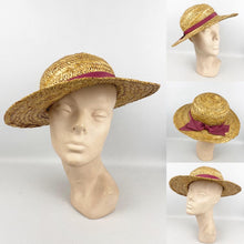 Load image into Gallery viewer, Original 1930's Wide Brimmed Straw Hat with Dusky Pink Grosgrain Trim - Wounded But Wearable