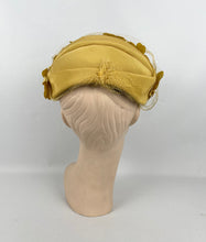 Load image into Gallery viewer, Original 1950’s Half Hat in Yellow Ochre Grosgrain - Pretty Net and Flower Trim - Perfect for Autumn *