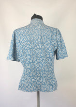 Load image into Gallery viewer, 1940s Blue, White and Black Novelty Print Ribbons and Clover Blouse - B36