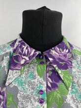 Load image into Gallery viewer, As Is 1940's Reproduction Floral Print Blouse with Large Purple Roses and Tiny Glass Buttons Made From an Original 1940's Feed Sack - Bust 34" 35" 36"