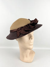 Load image into Gallery viewer, Original 1930's Two Tone Straw Hat with Brown Satin Ribbon Trim *