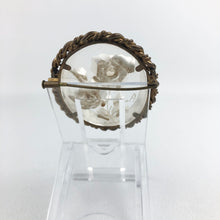 Load image into Gallery viewer, Original French 1950s Reverse Carved Lucite Brooch with White Roses in a Metal Frame