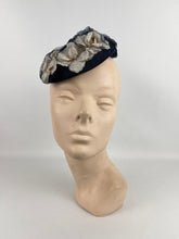 Load image into Gallery viewer, Original 1940's Blue Felt Topper Hat with Net and White Floral Trim *