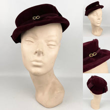 Load image into Gallery viewer, Original 1950's Dark Burgundy Close Fitting Fur Felt Hat with Gold-tone Trim