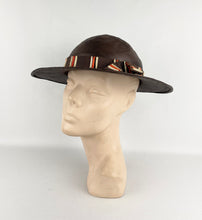 Load image into Gallery viewer, Original 1930s American Made Fine Brown Straw Summer Hat with Cream, Brown and Rust Grosgrain Trim *