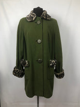 Load image into Gallery viewer, 1950s Green Wool Coat with Faux Fur Leopard Print Trim 38 40 42