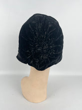 Load image into Gallery viewer, Original 1920s Black Cotton Velvet Cloche with Celluloid and Paste Hat Flash