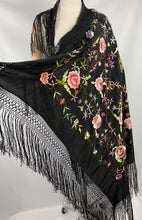Load image into Gallery viewer, Beautiful Original 1920's 1930's Black Crepe Piano Shawl with Bold Floral Silk Embroidery and Broad