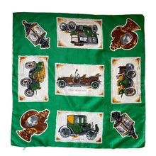 Load image into Gallery viewer, Vintage Rayon Motoring Themed Scarf in Emerald Green with Car Print - Great Turban or Headscarf