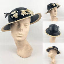 Load image into Gallery viewer, Original 1930s Black and Cream Lacquered Straw Hat with Velvet Floral Trim