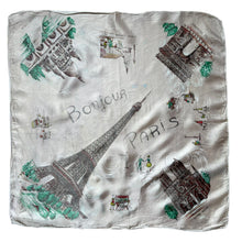 Load image into Gallery viewer, Vintage 1950's Bonjour Paris Tourist Scarf with The Eiffel Tower, Notre-Dame and More - Great Neckerchief or Headscarf