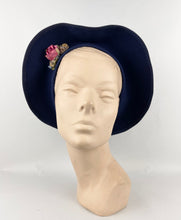 Load image into Gallery viewer, Stunning Original 1930s Blue Felt Bonnet Hat with Floral Trim
