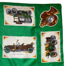 Load image into Gallery viewer, Vintage Rayon Motoring Themed Scarf in Emerald Green with Car Print - Great Turban or Headscarf