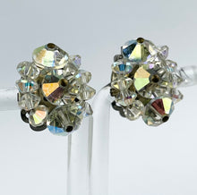Load image into Gallery viewer, Vintage 1950's Aurora Borealis Faceted Clear Glass Clip-on Earrings on Silvertone Clips