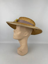Load image into Gallery viewer, Original 1930's Wide Brimmed Natural Straw Hat with Cluster of Fabric Flowers