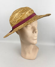 Load image into Gallery viewer, Original 1930's Wide Brimmed Straw Hat with Dusky Pink Grosgrain Trim - Wounded But Wearable