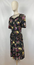 Load image into Gallery viewer, Original 1940s Black Floral Dress with Sweetheart Net Covered Neckline - Bust 36 38