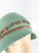 Load image into Gallery viewer, Original 1920’s Soft Green Felt Cloche with Chocolate Brown Velvet Ribbon Trim