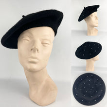 Load image into Gallery viewer, Original 1950s Inky Black Machine Knitted Beret with Paste Decoration