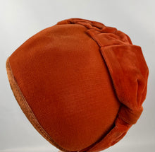 Load image into Gallery viewer, RESERVED Original 1950’s Rust Cotton Velvet Half Hat with Double Bow Trim - Perfect for Autumn