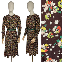 Load image into Gallery viewer, Original 1930’s Brown Crepe Long Sleeved Dress with Pretty Floral Print - Bust 34 36 38 *