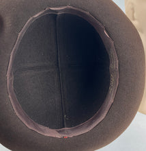 Load image into Gallery viewer, Original 1930's Little Bunty Chocolate Brown Felt Hat with Feather and Grosgrain Trim