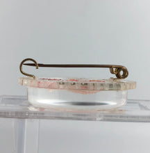 Load image into Gallery viewer, Original 1940s Circular Reverse Carved Lucite Brooch with Crinoline Lady and Flowers