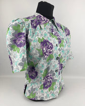 Load image into Gallery viewer, 1940's Reproduction Floral Print Blouse with Large Purple Roses and Grey Buttons Made From an Original 1940's Feed Sack - Bust 34"