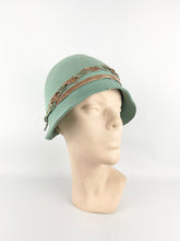 Load image into Gallery viewer, Original 1920’s Soft Green Felt Cloche with Chocolate Brown Velvet Ribbon Trim