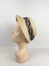 Load image into Gallery viewer, Original 1930s Panana Straw Hat with Striped Band Trim