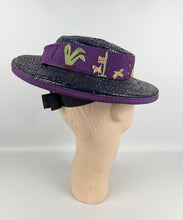Load image into Gallery viewer, Original 1940's Indigo Blue Lacquered Straw Hat with Purple Trim and Applique Dogs