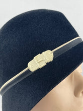 Load image into Gallery viewer, Original 1920’s 1930's Black Felt Cloche Hat With White Metal Faux Buckle Trim *