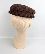 Load image into Gallery viewer, Original 1950’s Rich Chocolate Brown Crochet Topper Hat - Classic Vintage Hat