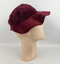 Load image into Gallery viewer, Original 1930’s Burgundy Cotton Velvet Hat - Neat Little Bonnet Shape