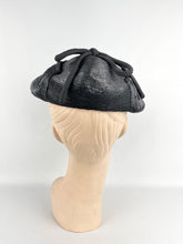 Load image into Gallery viewer, Original 1950's Shiny Black Straw Petal Hat with Grosgrain Bow Trim *