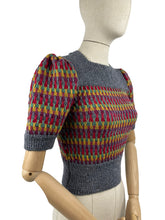 Load image into Gallery viewer, Reproduction 1940’s Hand Knitted Striped Jumper in Grey, Mustard, Purple, Green and Red - Bust 32 34 36