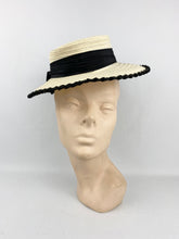 Load image into Gallery viewer, Original 1940s White and Black Summer Hat with Oversized Bow Trim
