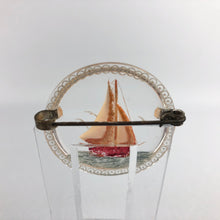 Load image into Gallery viewer, Original 1940s 1950s Circular Reverse Carved Lucite Brooch with Sailing Ship on the Sea