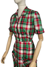 Load image into Gallery viewer, Original 1930's 1940's Fine Cotton Plaid Dress in Red, White and Green - Bust 36 38