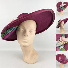 Load image into Gallery viewer, Incredible Original 1940's Oversized Pink Straw Summer Hat with Stripe Band And Flower Trim
