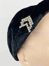 Load image into Gallery viewer, Original 1930s Close Fitting Black Velvet Hat with Padded Brim and Paste Trim