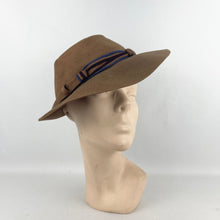 Load image into Gallery viewer, Original 1930's Mid Brown Felt Fedora with Blue and Burgundy Felt Trim *