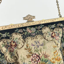 Load image into Gallery viewer, 1920s 1930s Petit Point Black Floral Evening Bag with Gem Set Frame