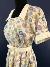 Load image into Gallery viewer, 1940s Belted White Cotton Dress with Pretty Floral Print and Contrast Collar and Cuffs - Bust 36 38