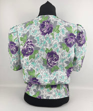 Load image into Gallery viewer, 1940's Reproduction Floral Print Blouse with Large Purple Roses and Grey Buttons Made From an Original 1940's Feed Sack - Bust 34"