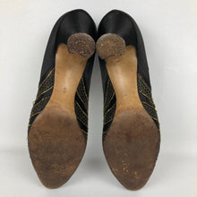 Load image into Gallery viewer, Original 1930s Black Satin Dance Shoes with Gold Trim and Paste Buckle Size 3 3.5