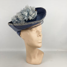 Load image into Gallery viewer, Original 1940's Lavender Blue Felt Tilt Hat with Fluffy Feather and Net Trim - Divine Piece