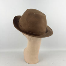Load image into Gallery viewer, Original 1930's Mid Brown Felt Fedora with Blue and Burgundy Felt Trim *