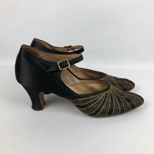 Load image into Gallery viewer, Original 1930s Black Satin Dance Shoes with Gold Trim and Paste Buckle Size 3 3.5
