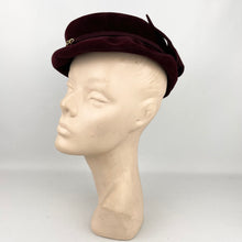 Load image into Gallery viewer, Original 1950's Dark Burgundy Close Fitting Fur Felt Hat with Gold-tone Trim